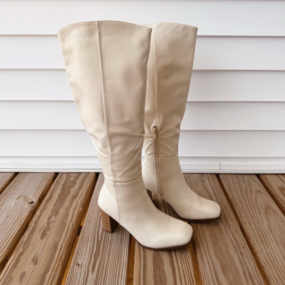 Women’s Cream Knee-High Heeled Boots
